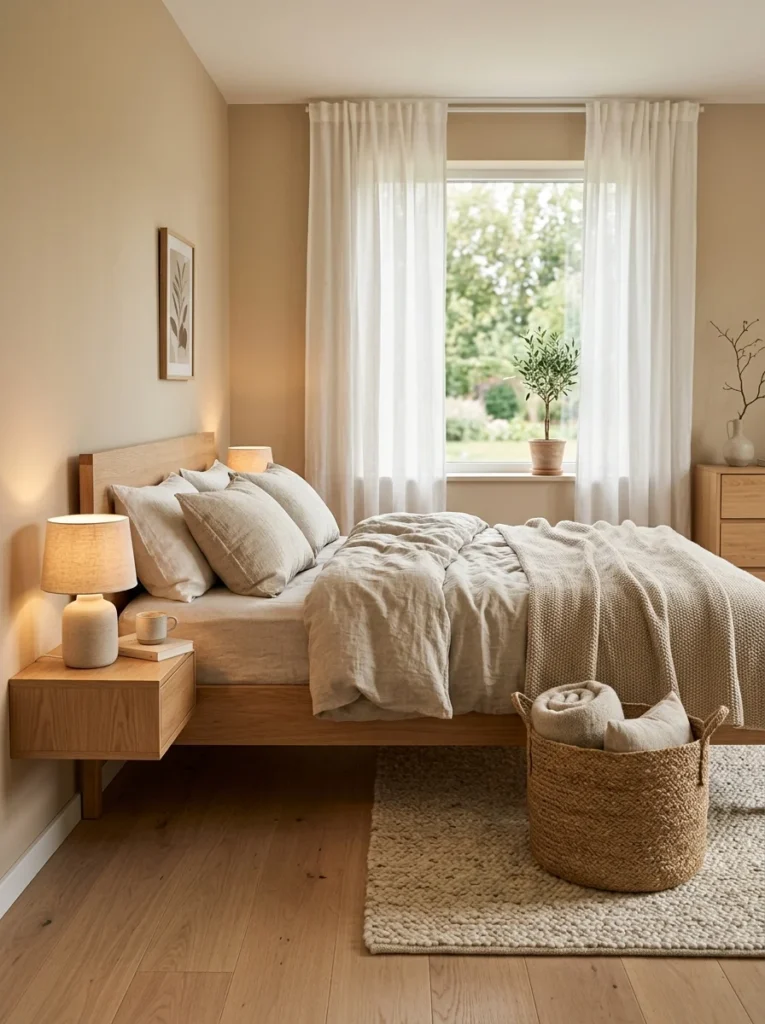 Cozy minimalist bedroom designed with warm neutral colors, layered textures, natural wood furniture, and soft lighting.