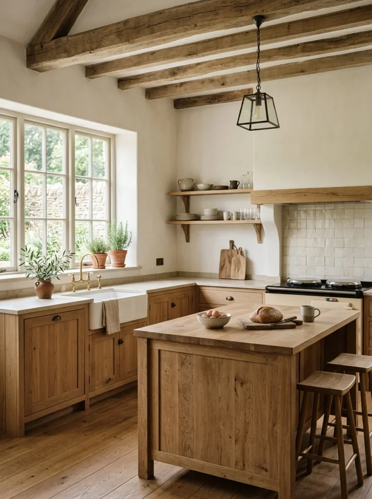 Simple farmhouse kitchen with authentic materials and uncluttered decor.