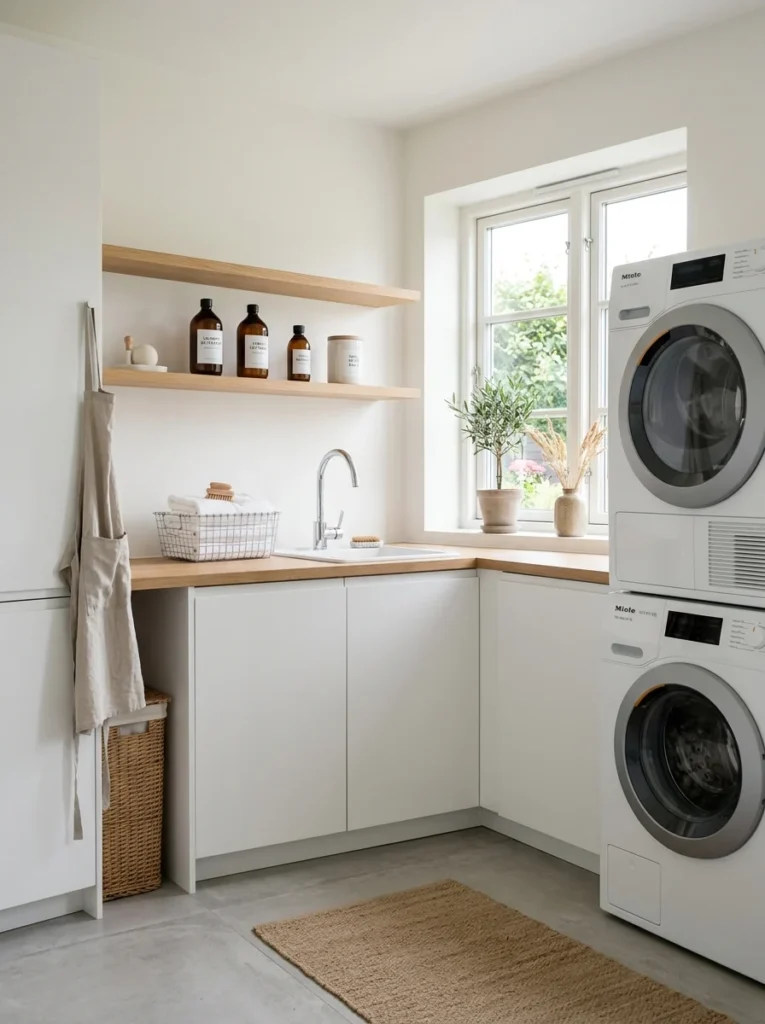 Organized laundry room containing only essential laundry supplies.