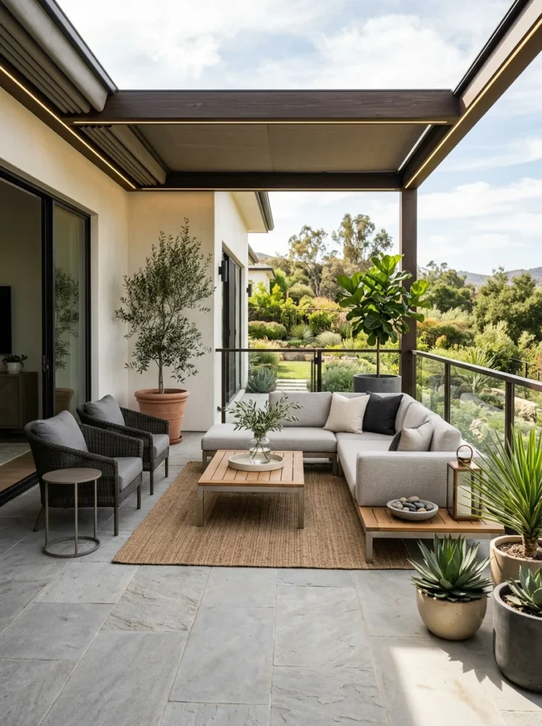 Simple outdoor patio decorated with durable weather-resistant accessories.