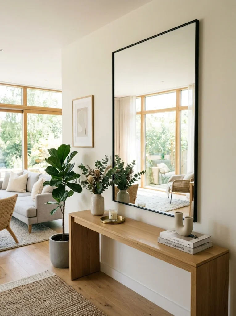 Oversized decorative mirror making a living room appear brighter and larger.