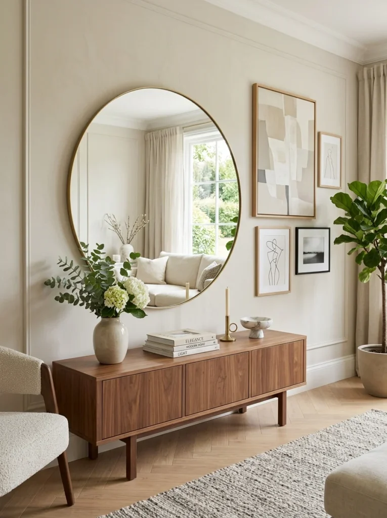 Stylish mirror enhancing modern wall décor in a living room.
