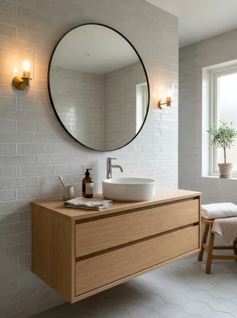 Round mirror adding softness to a modern bathroom vanity.
