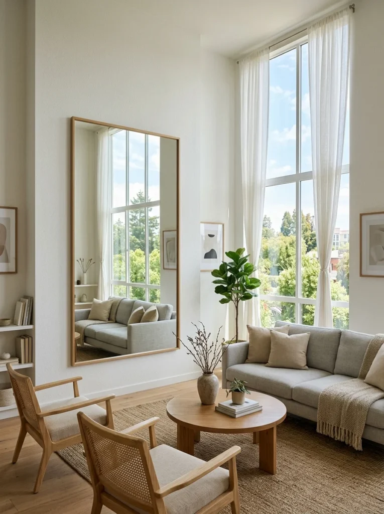 Large wall mirror reflecting sunlight directly across a modern living room.