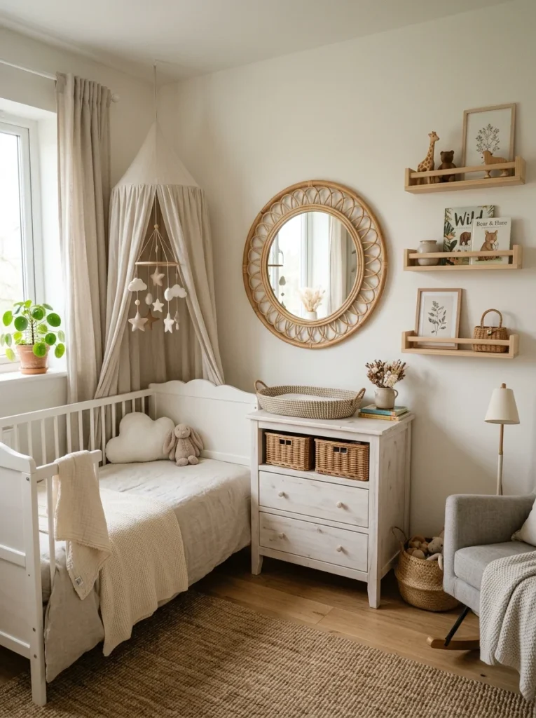Decorative mirror creating depth in a compact nursery.