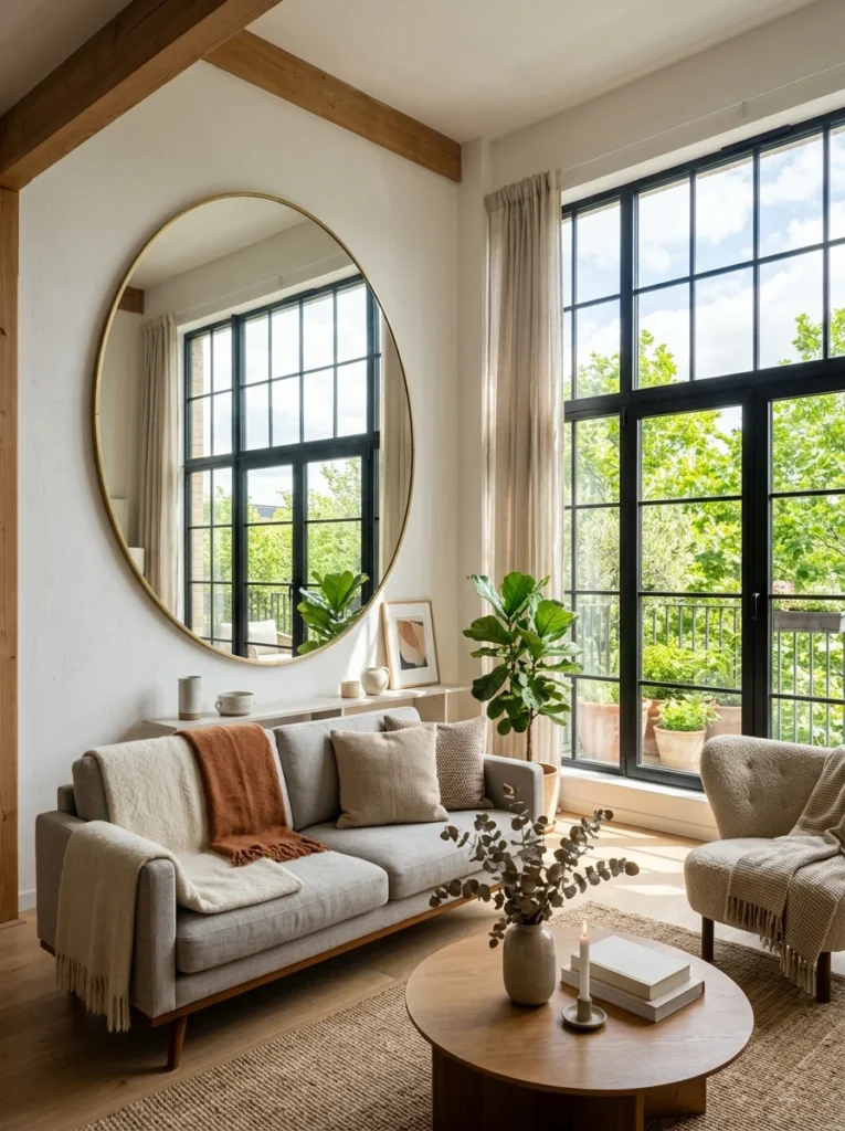 Oval mirror reflecting natural sunlight into a room.