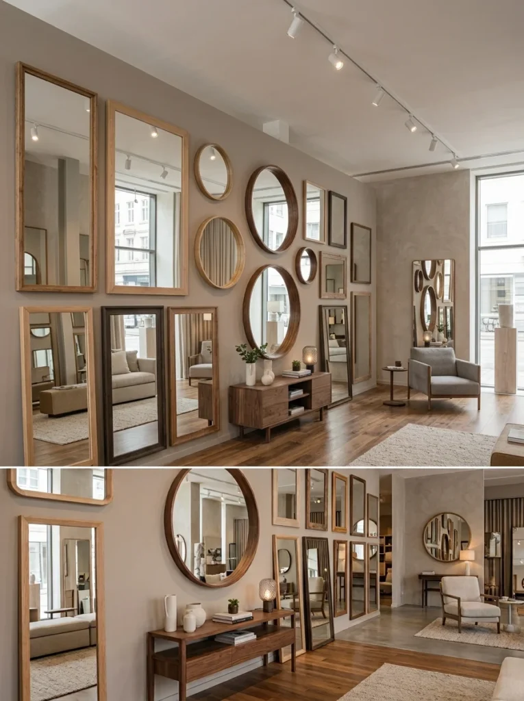 Home decor showroom featuring round and rectangular mirrors in multiple sizes.