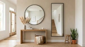 Modern entryway comparing a round wall mirror and a rectangular mirror in a bright minimalist home.