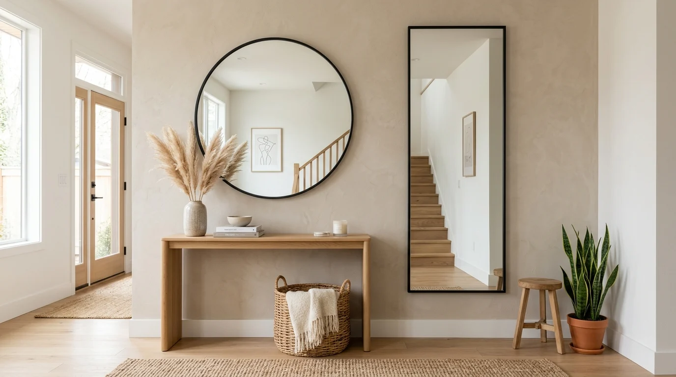 Modern entryway comparing a round wall mirror and a rectangular mirror in a bright minimalist home.