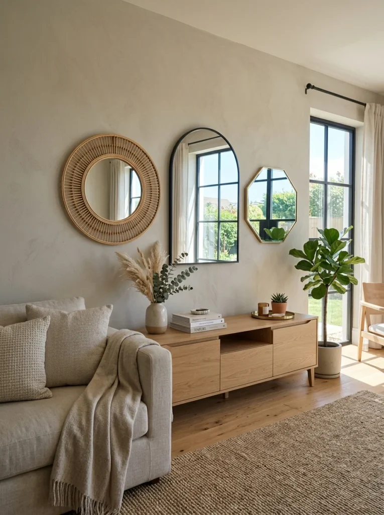 Three decorative mirrors reflecting daylight across a contemporary living room.