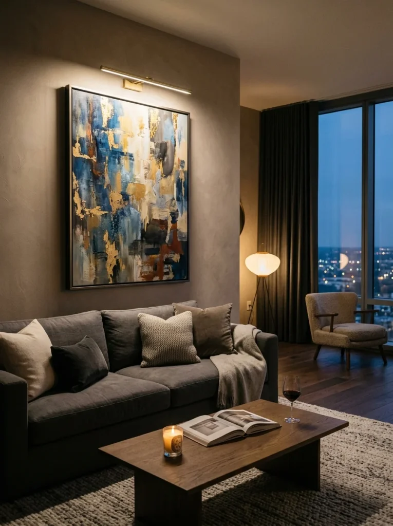 Wall artwork highlighted with elegant picture lighting.
