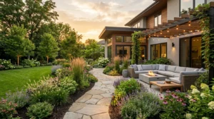 Beautiful modern backyard landscaping with layered plants, stone pathways, outdoor seating, and elegant garden design.