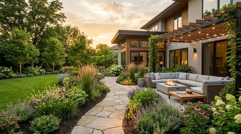 Beautiful modern backyard landscaping with layered plants, stone pathways, outdoor seating, and elegant garden design.
