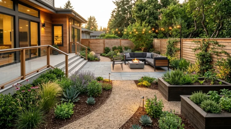 Modern low-maintenance backyard with native plants, stone patio, mulch beds, and stylish outdoor seating.