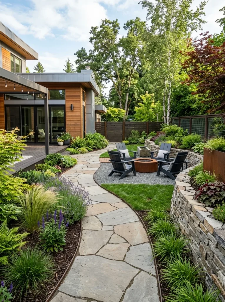 Stone pathways and gravel landscaping reducing lawn maintenance in a modern backyard.