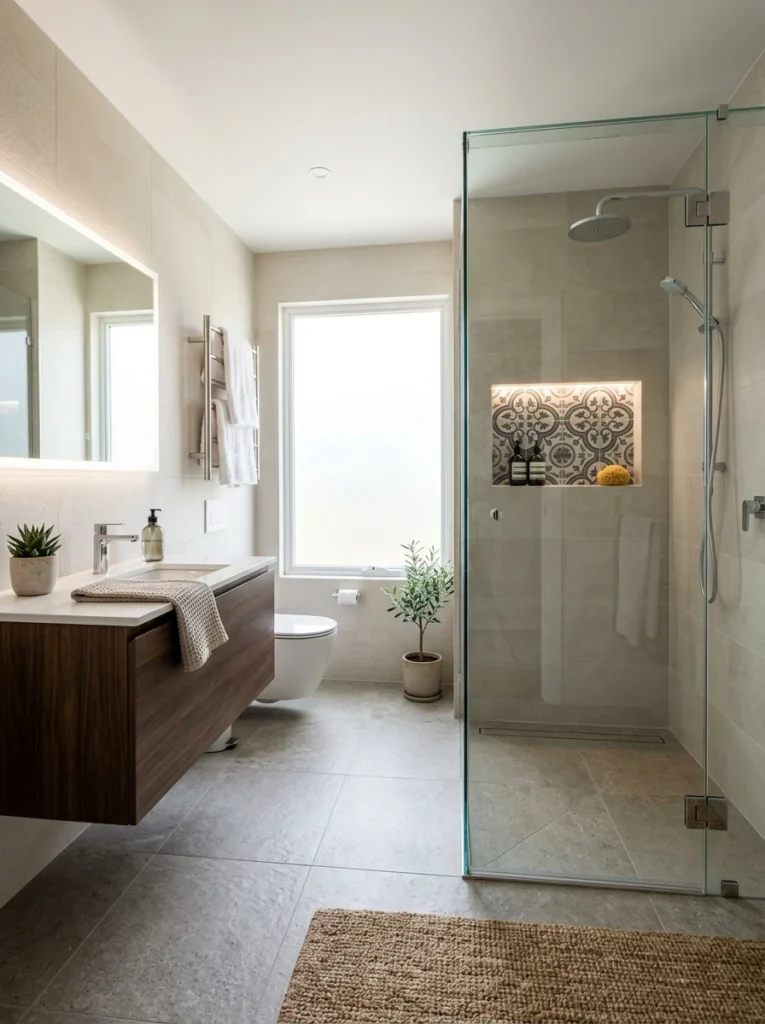 Modern bathroom designed with durable porcelain tiles and timeless style.