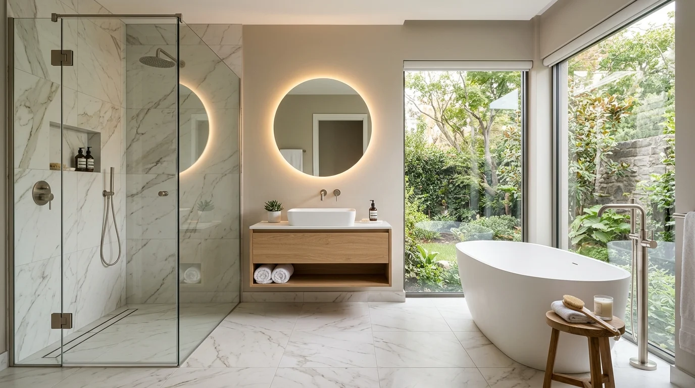 Modern bathroom comparing a luxury walk-in shower and a freestanding bathtub for renovation inspiration.