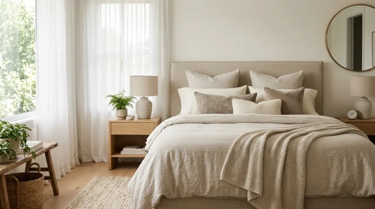 Beautifully styled bed with layered pillows, neutral bedding, euro shams, and a cozy throw blanket in a modern bedroom.
