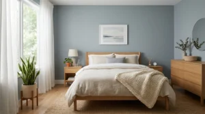 Modern bedroom with muted blue-gray walls and cozy neutral decor designed for a restful sleep environment.