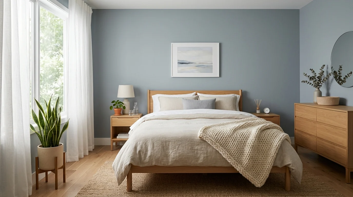 Modern bedroom with muted blue-gray walls and cozy neutral decor designed for a restful sleep environment.