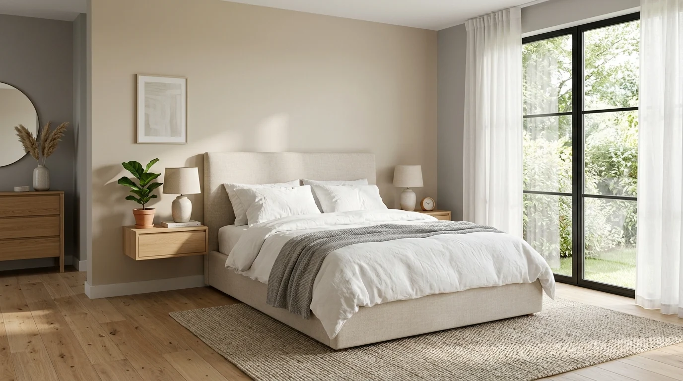 Modern bedroom with a comfortable queen-size mattress demonstrating the importance of choosing the right mattress size and firmness.