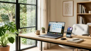 Minimalist workspace featuring an organized laptop, smartphone, and digital file system for digital decluttering.