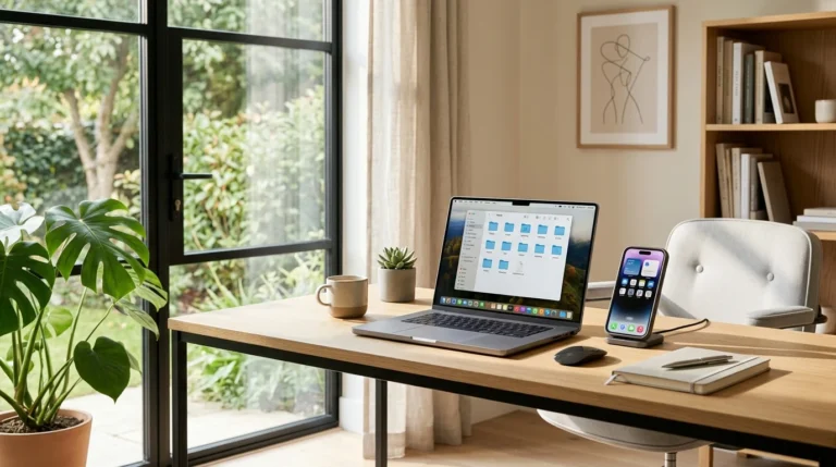 Minimalist workspace featuring an organized laptop, smartphone, and digital file system for digital decluttering.