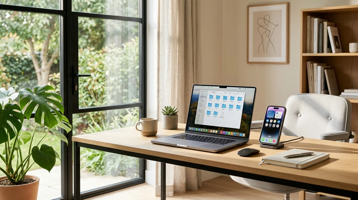 Minimalist workspace featuring an organized laptop, smartphone, and digital file system for digital decluttering.