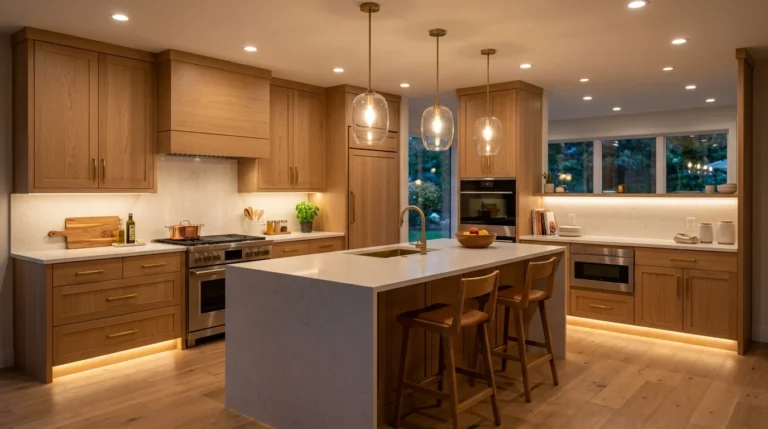 Modern kitchen featuring layered task, ambient and accent lighting with under-cabinet LEDs and pendant lights.