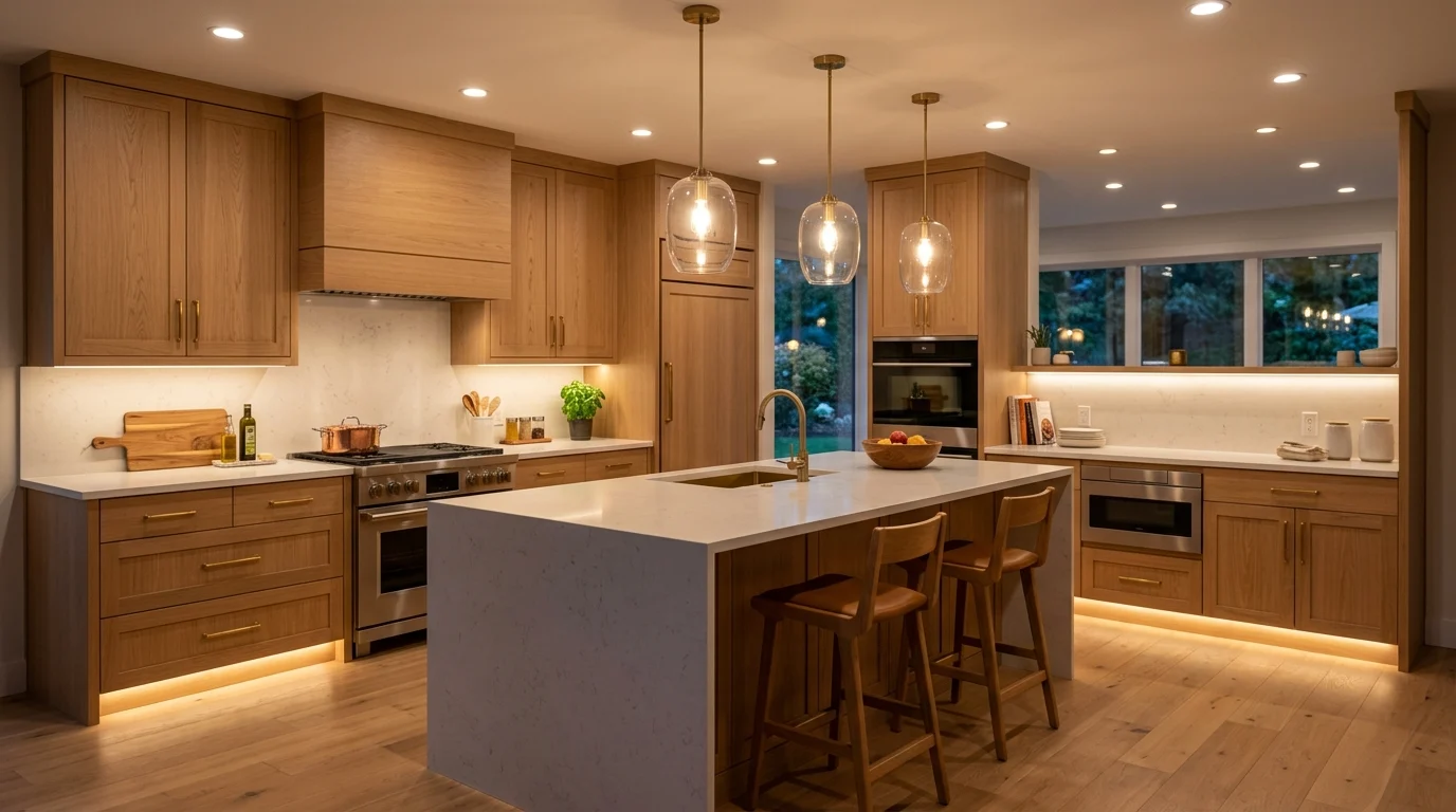 Modern kitchen featuring layered task, ambient and accent lighting with under-cabinet LEDs and pendant lights.