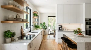 Modern kitchen featuring open wooden shelving beside sleek upper cabinets for a stylish storage comparison.