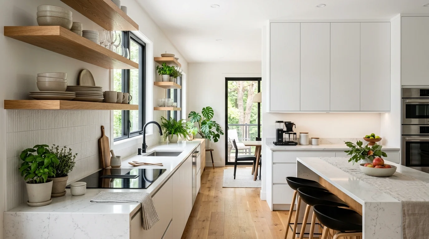 Modern kitchen featuring open wooden shelving beside sleek upper cabinets for a stylish storage comparison.