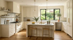 Timeless modern kitchen with warm white cabinets, natural wood accents, marble countertops, and elegant brass finishes.