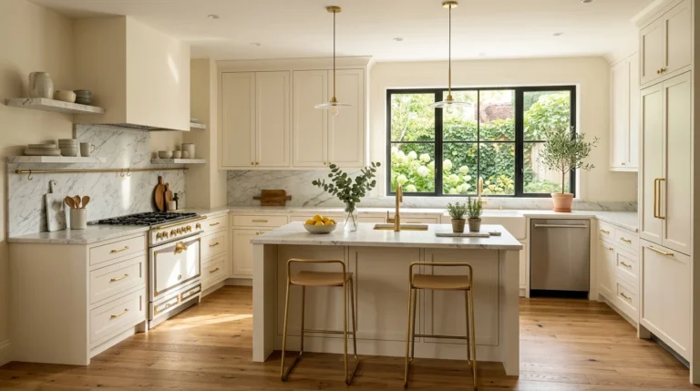 Timeless modern kitchen with warm white cabinets, natural wood accents, marble countertops, and elegant brass finishes.