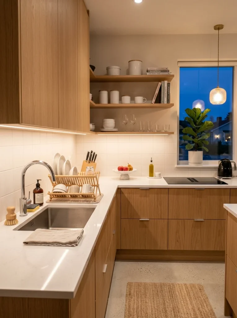 Clean kitchen counters and dishes after a nightly reset.