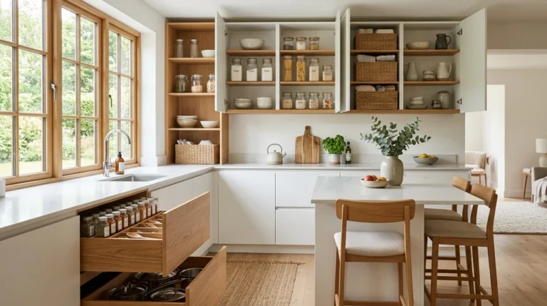 Modern clutter-free kitchen with organized cabinets, pull-out drawers, pantry storage, and minimalist decor.