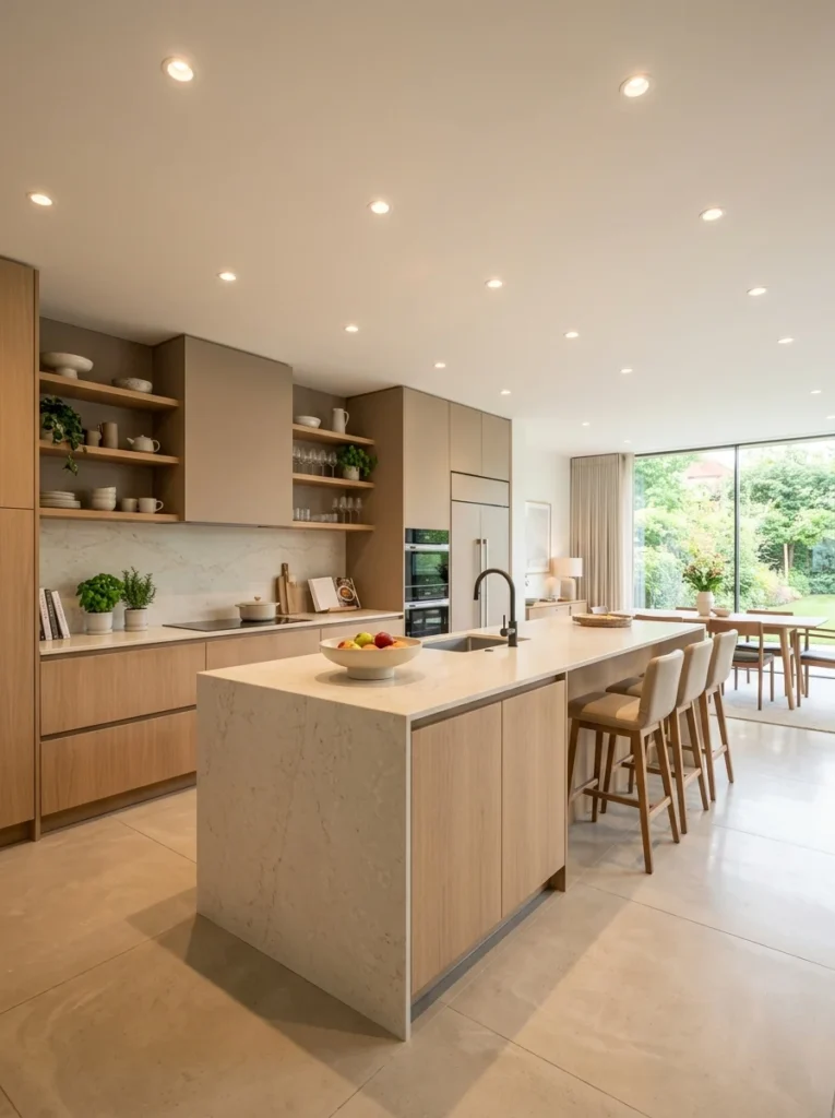 Kitchen with evenly spaced recessed ceiling lighting creating balanced illumination.