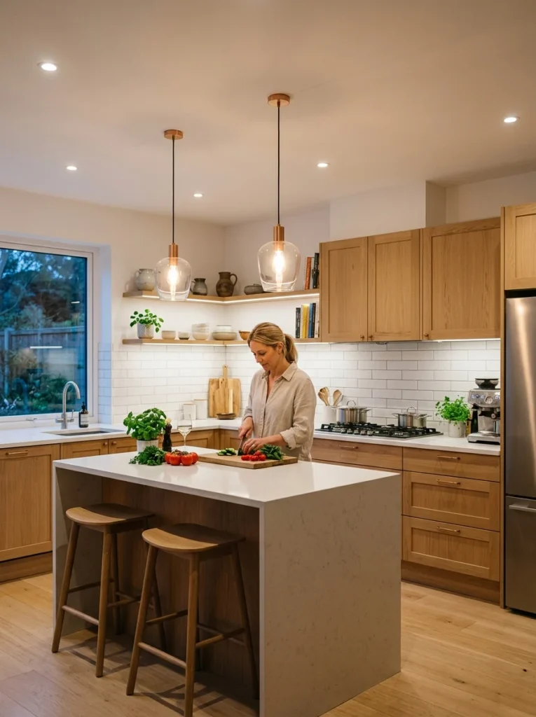 Modern kitchen illustrating task, ambient and accent lighting working together.