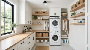 Modern laundry room with organized storage shelves, cabinets, baskets, and clutter-free design.