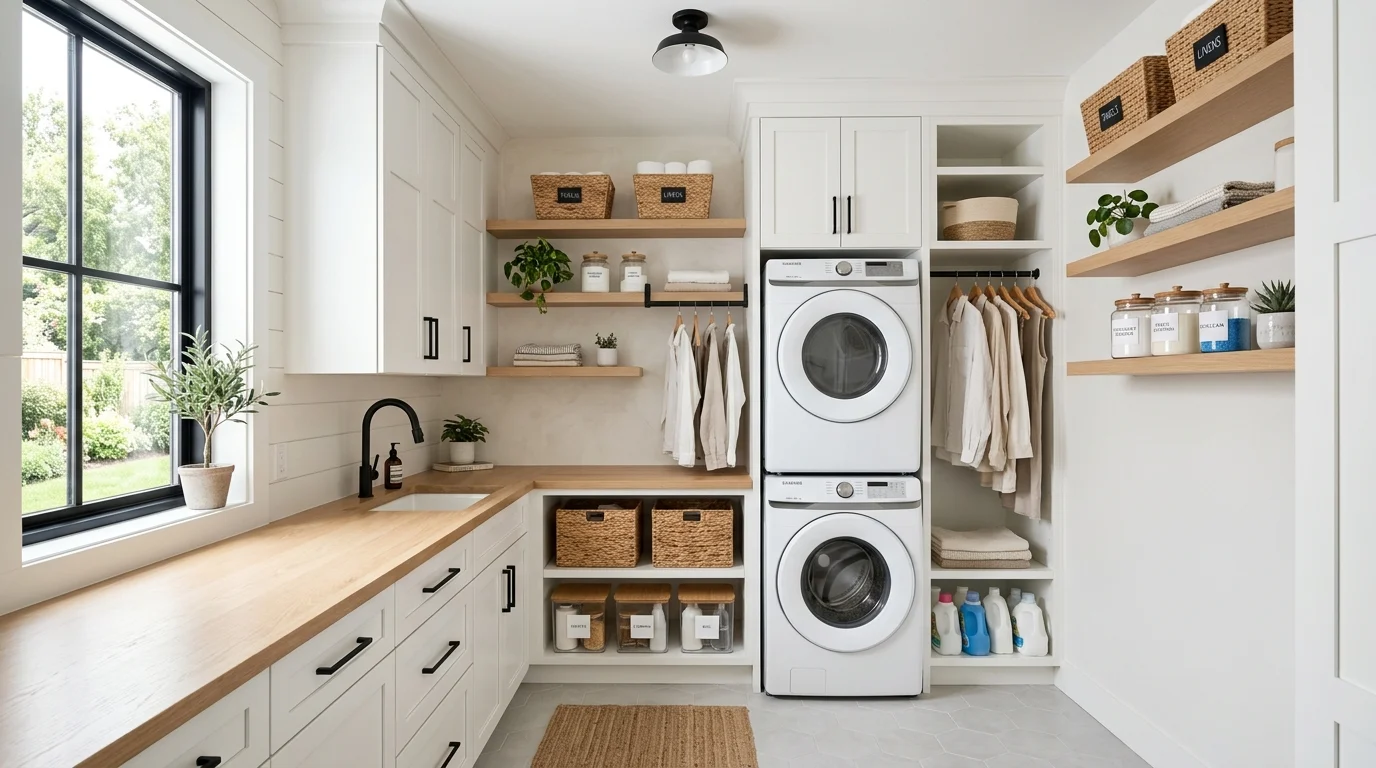 Modern laundry room with organized storage shelves, cabinets, baskets, and clutter-free design.