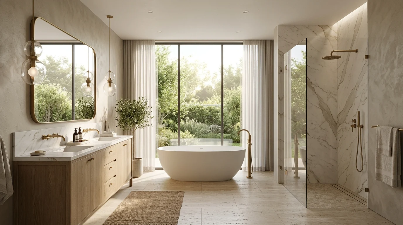 Luxury master bathroom featuring the latest 2026 design trends with warm neutral colors, freestanding tub, curbless shower, and furniture-style vanity.