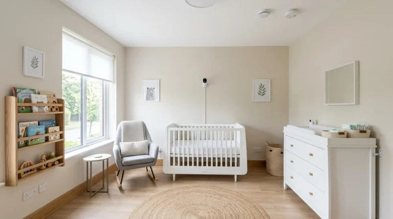 Modern nursery designed with safe crib setup, anchored furniture, cordless blinds, and childproof features for new parents.