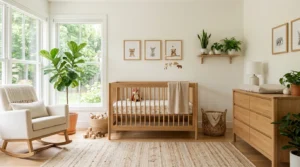 Modern nursery featuring zero-VOC painted walls, solid wood furniture, and organic baby bedding.