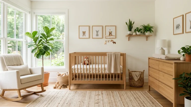 Modern nursery featuring zero-VOC painted walls, solid wood furniture, and organic baby bedding.