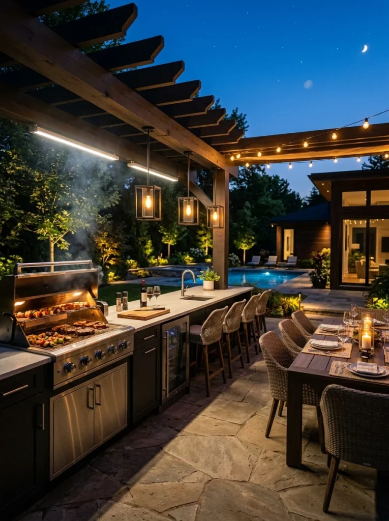 Outdoor kitchen with task lighting and ambient lights for evening cooking and entertaining.