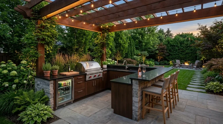 Modern outdoor kitchen with built-in grill, stone countertops, pergola, and outdoor seating designed for beginner planning inspiration.