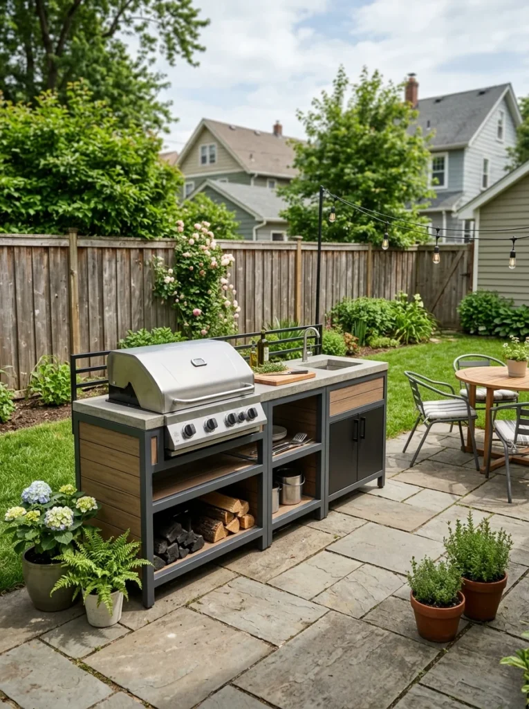 Budget-friendly modular outdoor kitchen with built-in grill and prep counter.