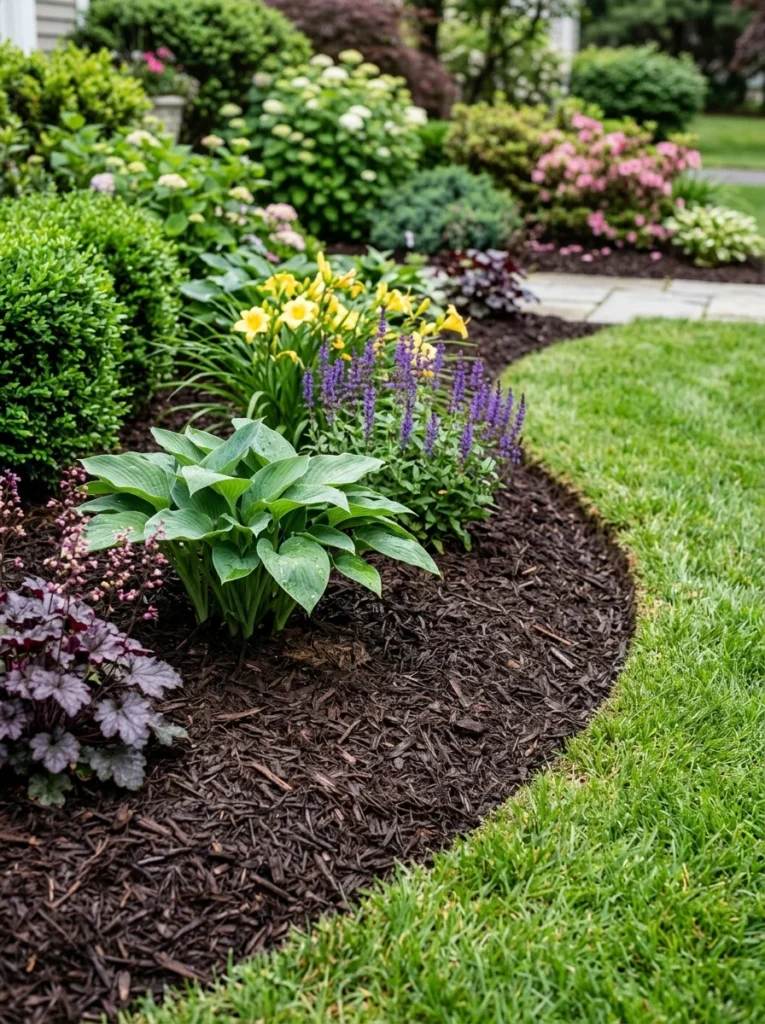 Fresh mulch covering garden beds to prevent weeds and retain moisture.