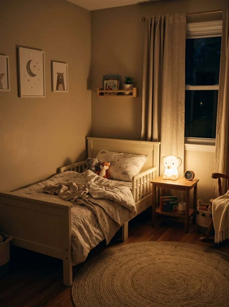 Toddler bedroom with a soft nightlight for nighttime comfort.