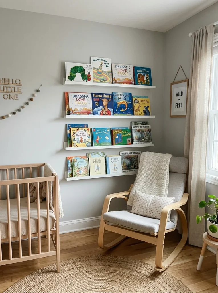 Wall-mounted bookshelf saving floor space in a small nursery.